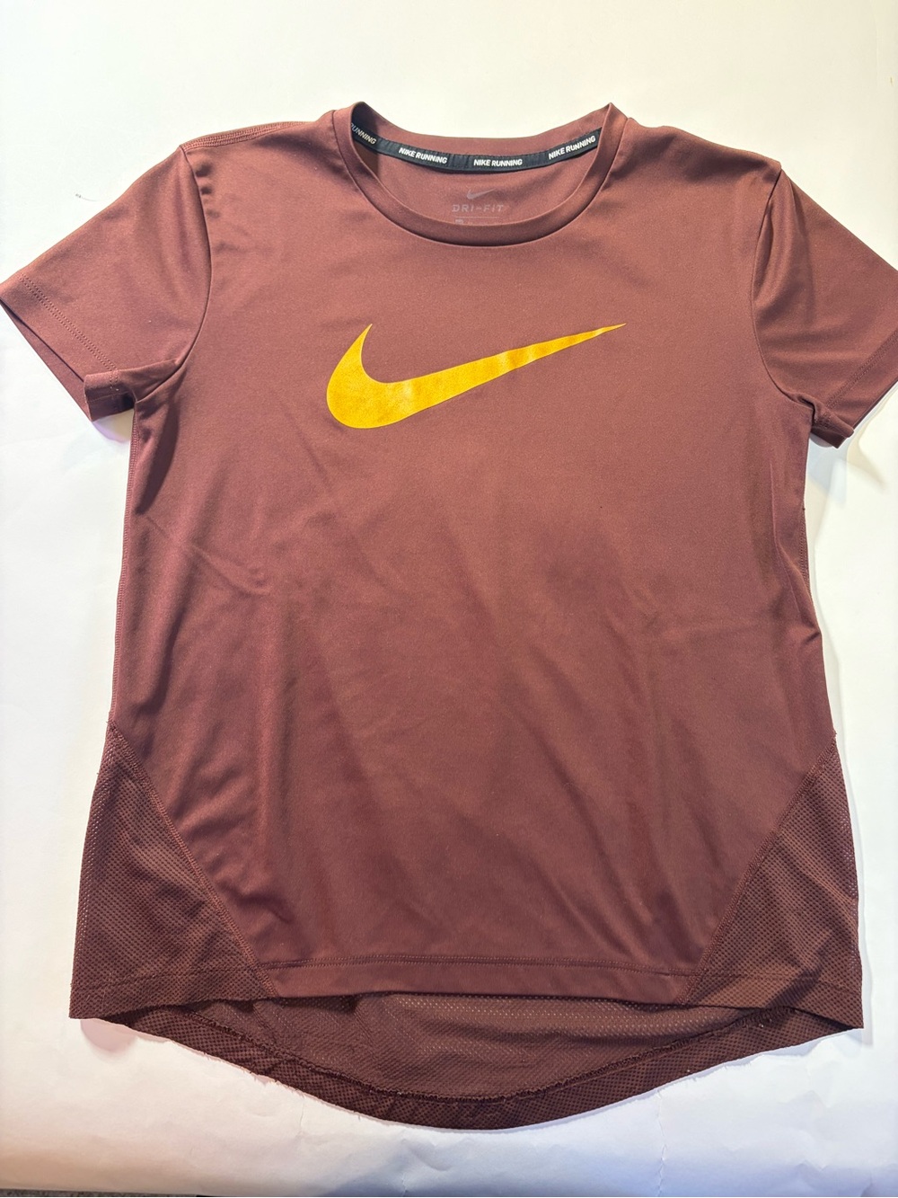 Nike Women’s Maroon Short Sleeve Tee with Yellow Swoosh